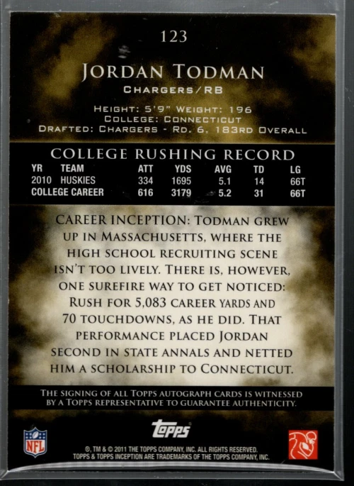 B3185- 2011 Topps Inception #123 Jordan Todman RC Auto /900 - NM-MT ROOKIE CARD - Image 2 of 2