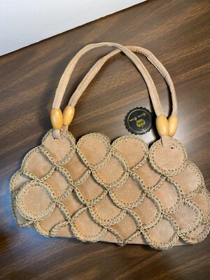 NWT Golden Crown Leather Purse Lt. Brown Circles Sewn, Leather Handle Wood Beads