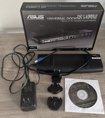 ASUS USB3.0 HZ-1 Docking Station with power adapters, data cable, cd, and box