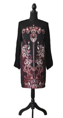 B2 Auth GIAMBA Black/Burgundy Floral Embroidery Semi-Sheer Sleeves Dress Sz 42/S
