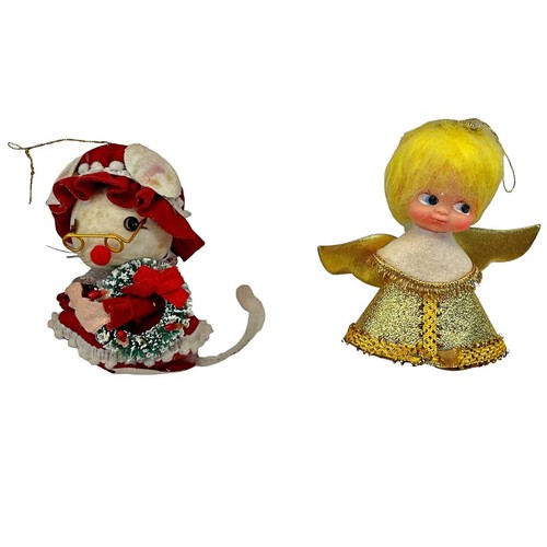 VTG 50s Lot Flocked Felt Christmas Ornaments Angels Mice Deer Bells Snowman Bird - Picture 4 of 7