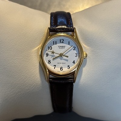 Casio Star Second Hand Analog Watch LTP-1094 Gold White Leather Strap - Works!