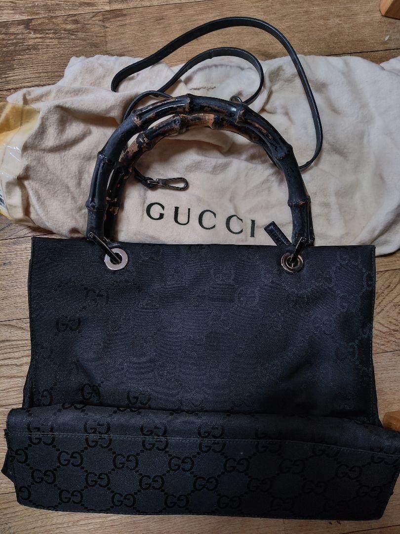 GUCCI Black Canvas Bamboo Handle Shoulder Bag DDU  