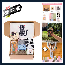 Cat Lover Gift Set 16oz Glass Straw Candle Socks Bookmarks Makeup Bag Black Box