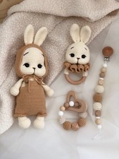 Handmade Crochet Amigurumi Bunny Baby Gift Set   Rattle, Teether  Pacifier Clip