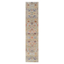 2'7"x12'4" Tan Sickle Leaf Design Silk With Wool Hand Knotted Runner Rug R64653