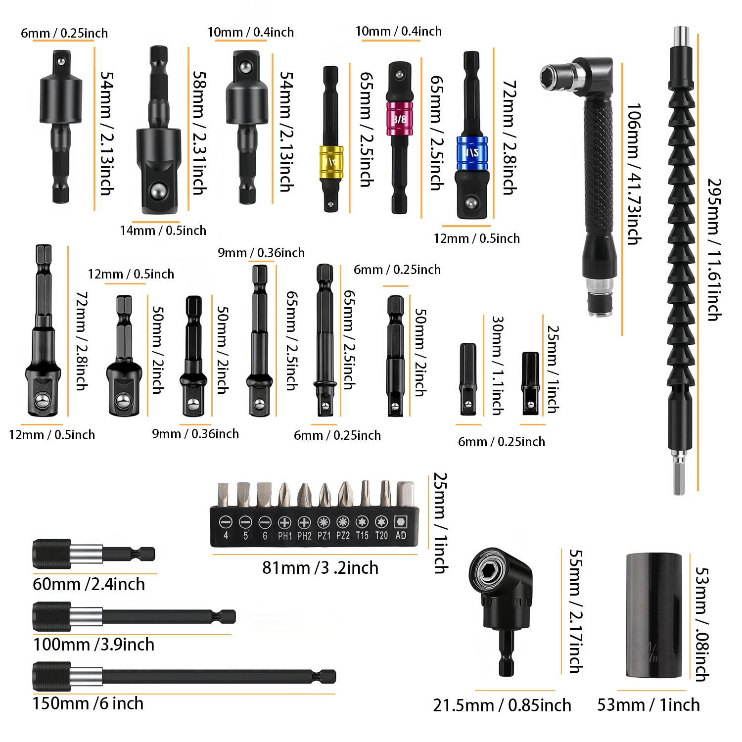31pcs Flexible Drill Bit Extension Set Hex Shank 105° Right Angle Attachment