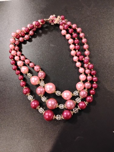 Collana donna vintage dichiarazione multifilo perline rosa e trasparenti tappi tono oro