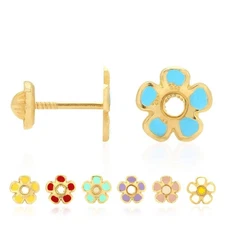 Kids 14K Gold White Pink Blue Green Red Purple Yellow Flower Stud Earrings