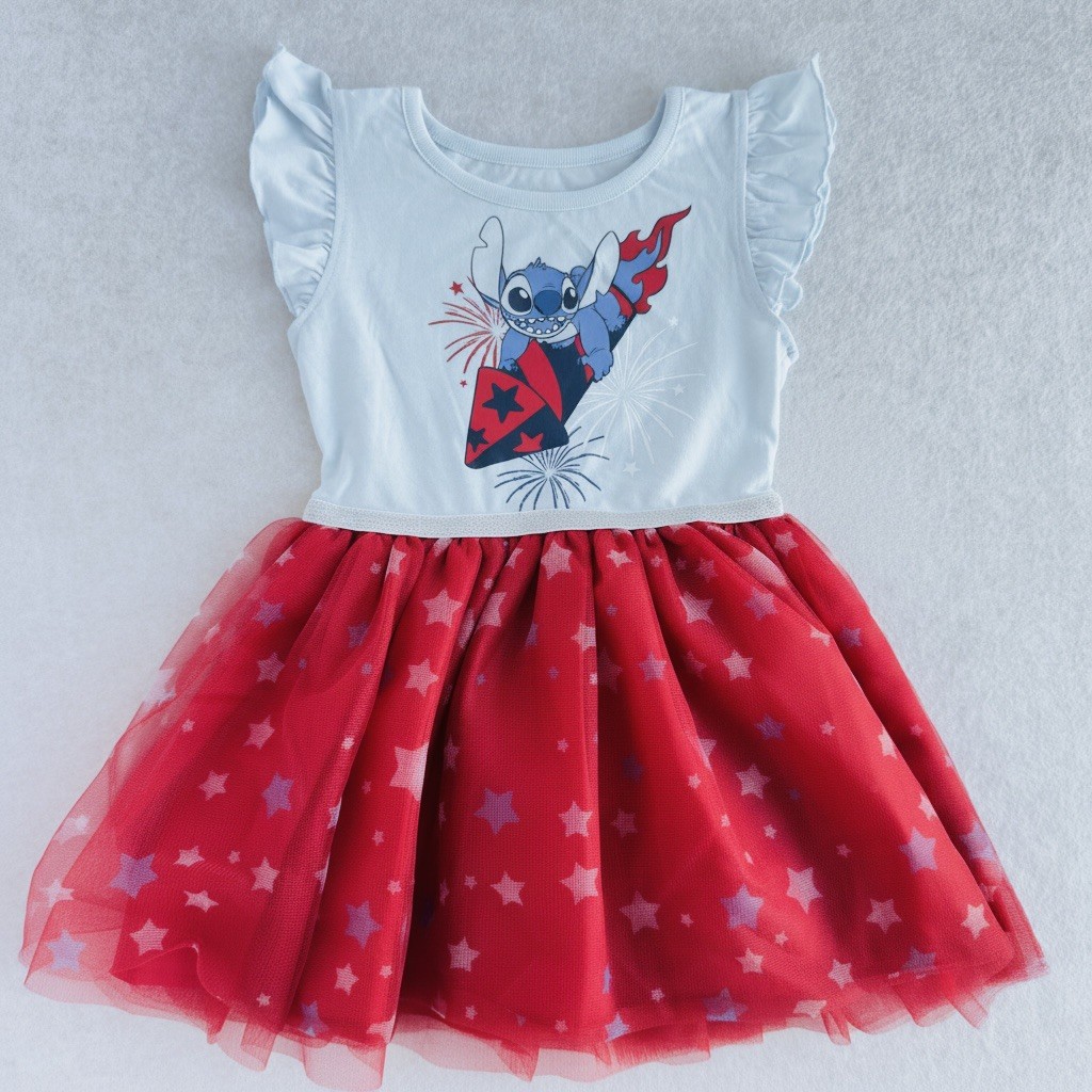 Disney Stitch Girls Size 5 Patriotic 4th of July Tulle Dress Red White Blue NWOT