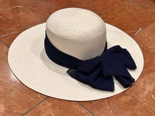 CAPPELLI STRAWORLD WOMENS WIDE BRIM WHITE STRAW HAT O/S NAVY BLUE BOW VINTAGE EU