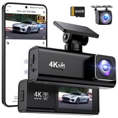 Dash Cam 4K 1080P WiFi Dashcam vorne und hinten 64GB SD-Karte inklusive Dual Auto