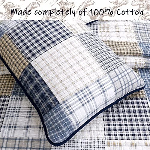 Lindo juego de edredón de cama Benjamin a cuadros azul marino blanco gris 100 % dinosaurio doble Foto 4 de 4