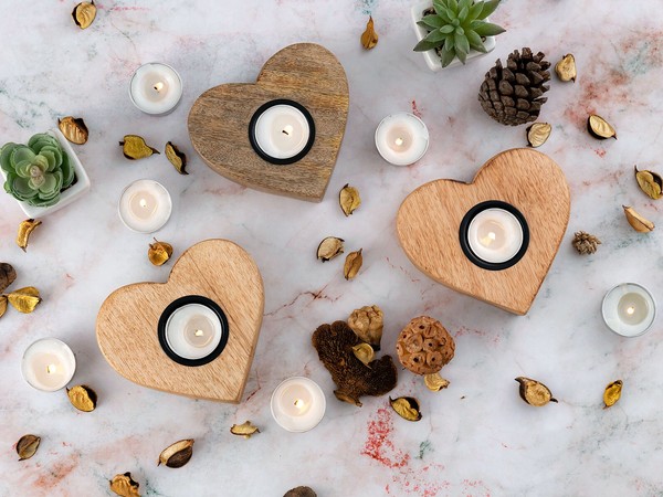Teelichthalter 3Er Set KerzenstäNder Teelichter Herzilein Kerzenhalter Mangoholz-image