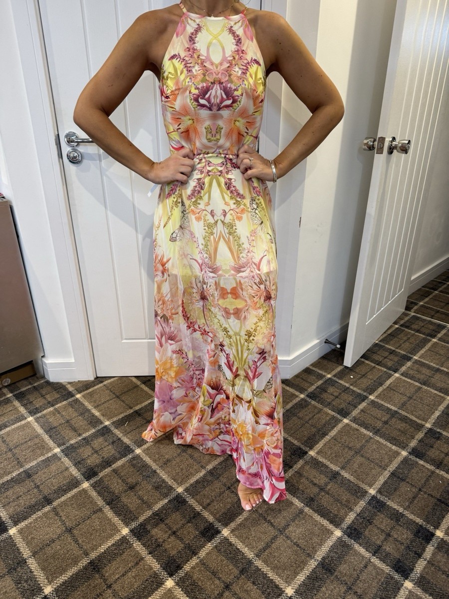 white christmas dresses Teri Jon Floral Print Chiffon Beaded Halter MaxiDress 256019 main image 1