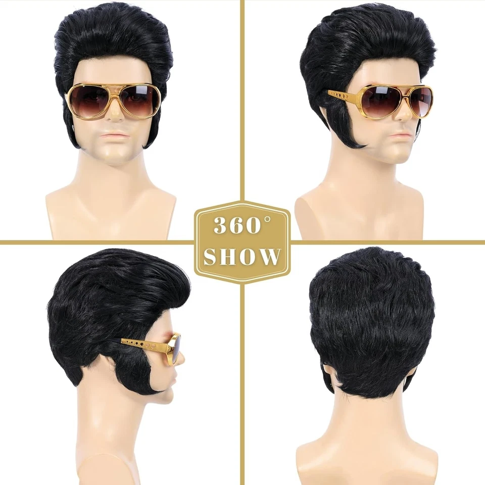 Peluca de roca Elvis Presley Halloween años 50 con gafas de sol y collar disfraz rockero Foto 4 de 4