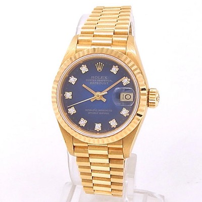 Rolex Datejust Yellow Gold President Diamonds Blue Vignette Ladies Watch 69178