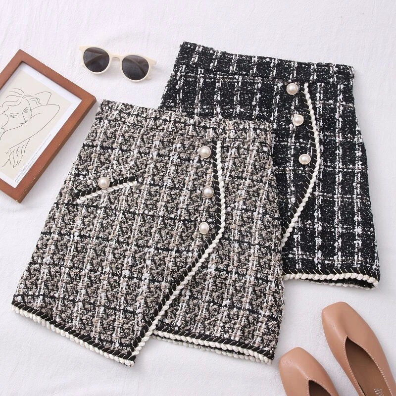 Tweed Skirts High Waist Slimming Skirts Buttons Double Breasted Tweed Wool Skirt