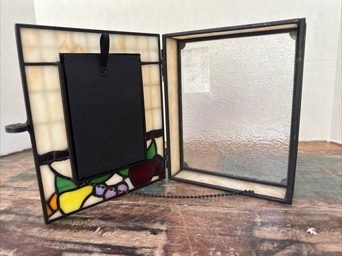 Stained Slag Glass Picture Frame Fruit Apple Hinged Trinket Box Melannco 3x5'' - Picture 9 of 15