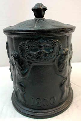 Vintage Cast Metal Humidor Tobacco Jar Sweden 1800 Inter Bibendum Large Fumandum