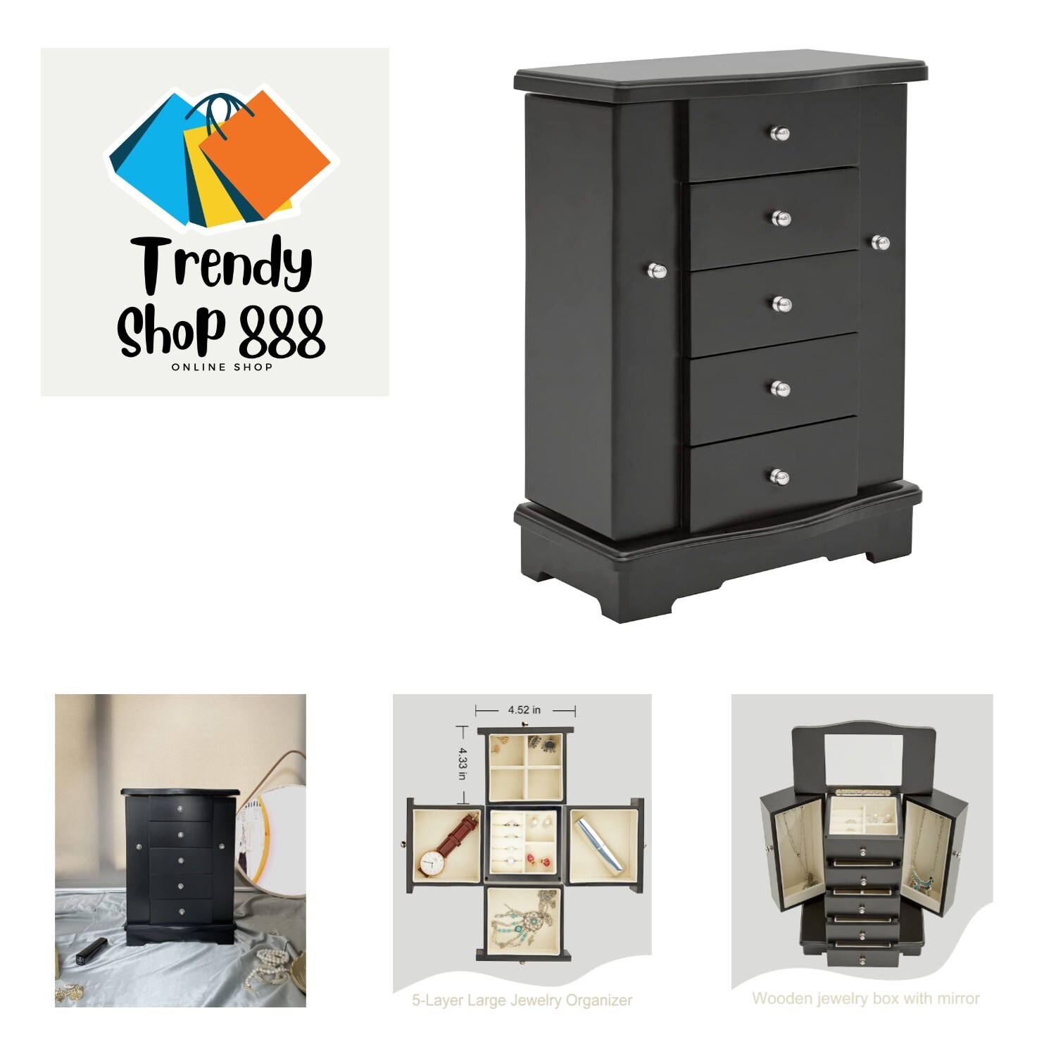 Jewelry Box for Women, Wooden Organizer Large Storage, 5 Layers with Mirror, ...-image