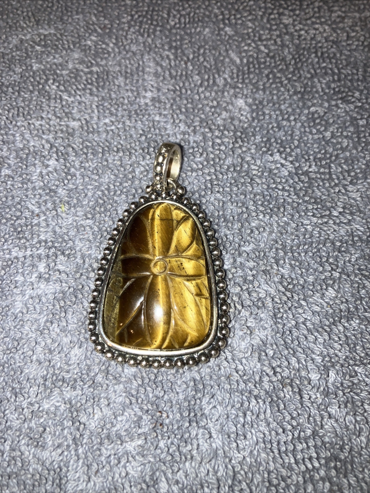 Solid Sterling Silver Carved Tiger Eye Slide Pend… - image 1