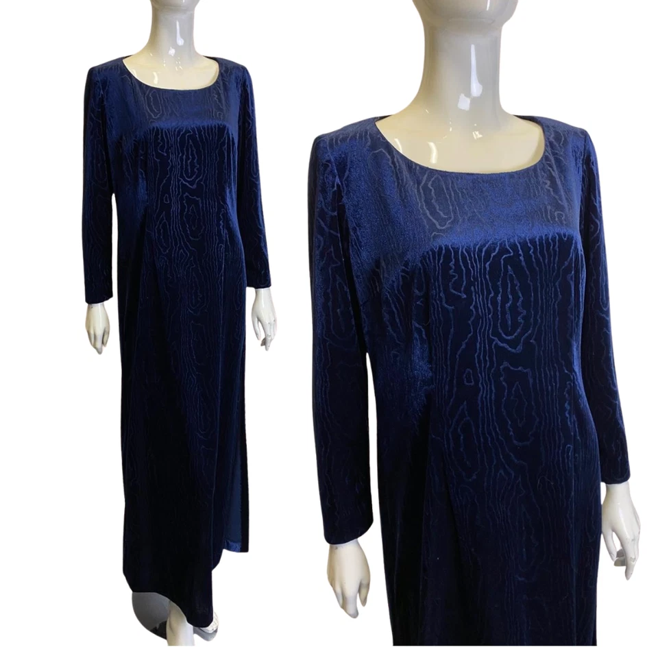 Vintage 90's Bleu Marine Velours Robe Maxi 12-14 Maxi Whimsygoth Gothique Rétro - Photo 1/4