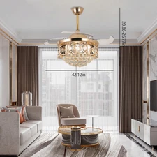 Modern 42" Crystal LED Invisible Ceiling Fan Chandelier Lamp Light w/Remote Gold