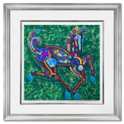 Lu Hong ''Chinese Zodiac Wood Horse'' Framed Hand Signed Original Painting