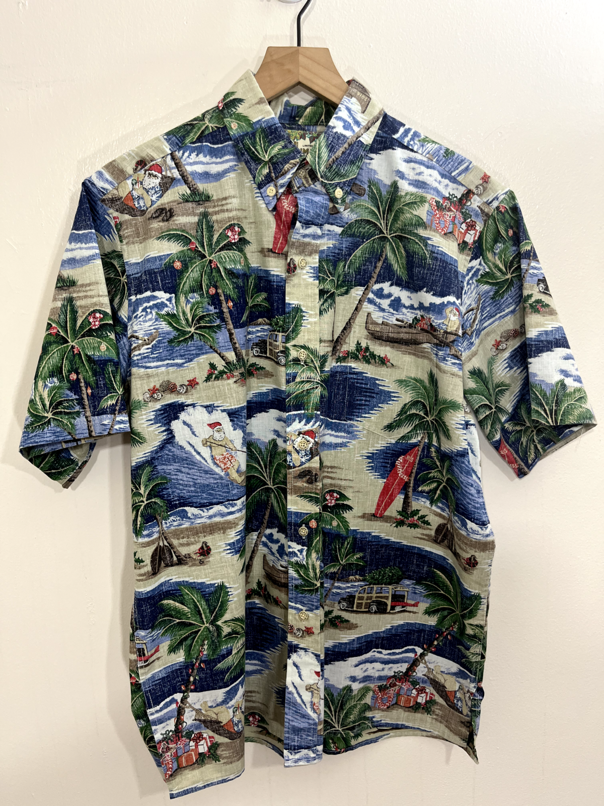 Reyn Spooner Mele Kalikimaka Shirt Sz M Santa Claus Surf Christmas Woodie Aloha
