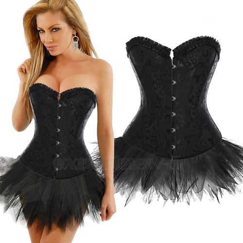 Ladies Lace Strapless Up Burlesque Corset Fancy Dress Costume Overbust Top&Tutu - Picture 19 of 31