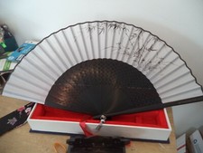 Vintage SIGNED Chinese Silk Bamboo Folding Fan Hand Held w/BOX AND BASE