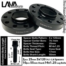 2PC 25MM THICK 5X120 74.1MM C.B WHEEL SPACER+55MM 14X1.25 BOLT FIT BMW X5/X6