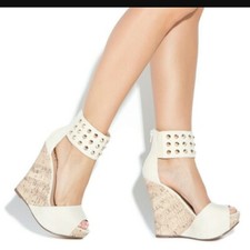 NEW Shoedazzle Beige / Ivory Studded ankle wedge platform heel