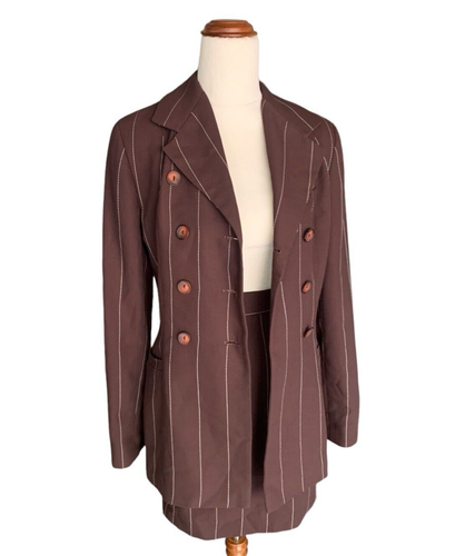 Vintage Karen Millen England Pin Stripe Jacket Blazer & Skirt 2 Piece Brown UK10 - Bild 2 von 24