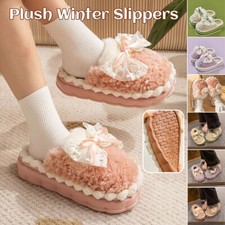 Winter Bow Plush Slippers Home EVA Anti Slip Sole Indoor Floor Shoes Women