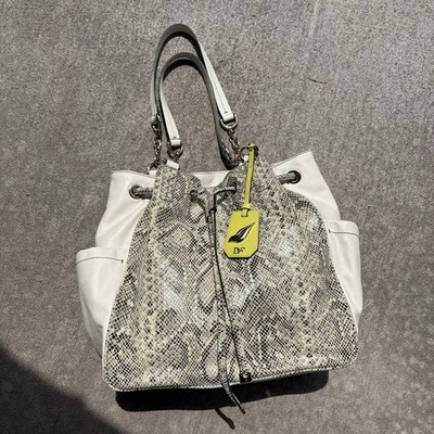 Diane von Furstenberg Python Leather Sydney Cinch Bucket Bag DVF Cream And Grey