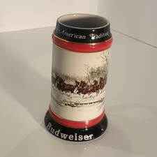 Budweiser Breweriana Beer Stein Mug Clydesdales Winter Scene Black Handle