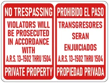 Arizona No Trespassing - Private Property Sign (ARS 13-1502) - 18x24