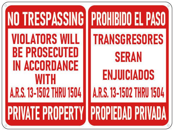 Arizona No Trespassing - Private Property Sign (ARS 13-1502) - 18x24
