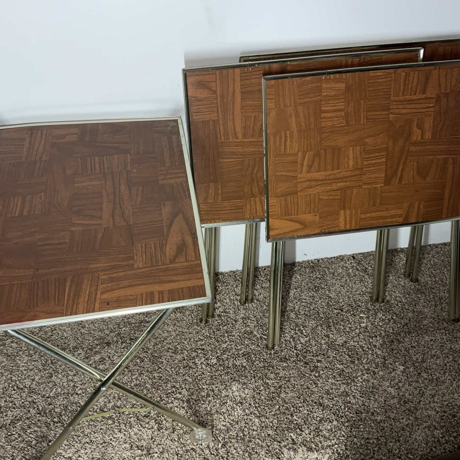 Vintage MCM Faux Wood Thick Framed TV Trays Set Of 4 With Rolling Stand