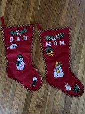 Vintage Felt Christmas Stockings Mom Dad Handmade Red Glitter 19  Snowmen Santa