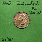 1865 Indian Head Cent Penny 1c AU About Uncirculated Cleaned Bronze Fancy Five