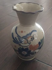 Vintage Tonala Mexican Pottery Vase Folk Art Blue Bird Flowers Floral Mexico  