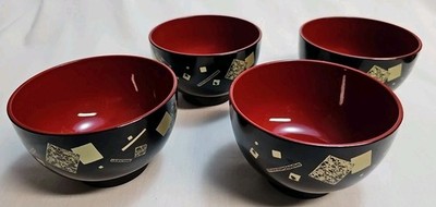 Set of 4 Yamanka Japanese Red And Black Lacquerware Miso Soup Bowls Vintage