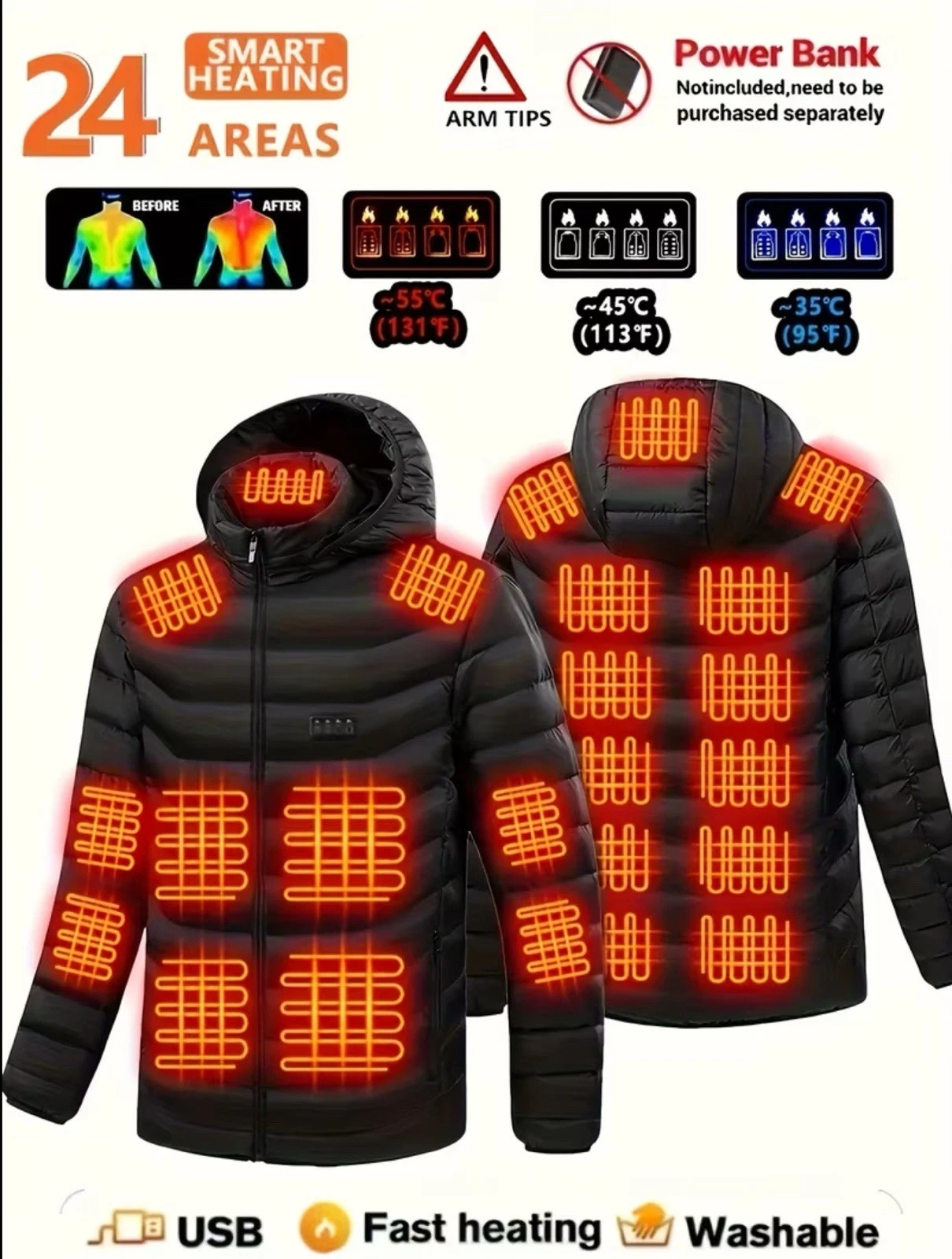24 Areas Electric USB Heated Jacket Men Women Heating Thermal Coat Puffer Jacket
Opens in a new wind