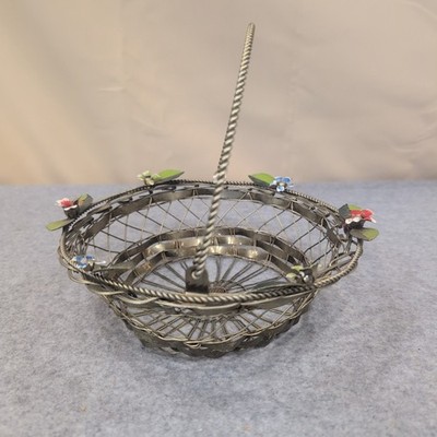 Vintage Silver Tone Woven Wire Basket with Enameled Flowers and Swing Handle