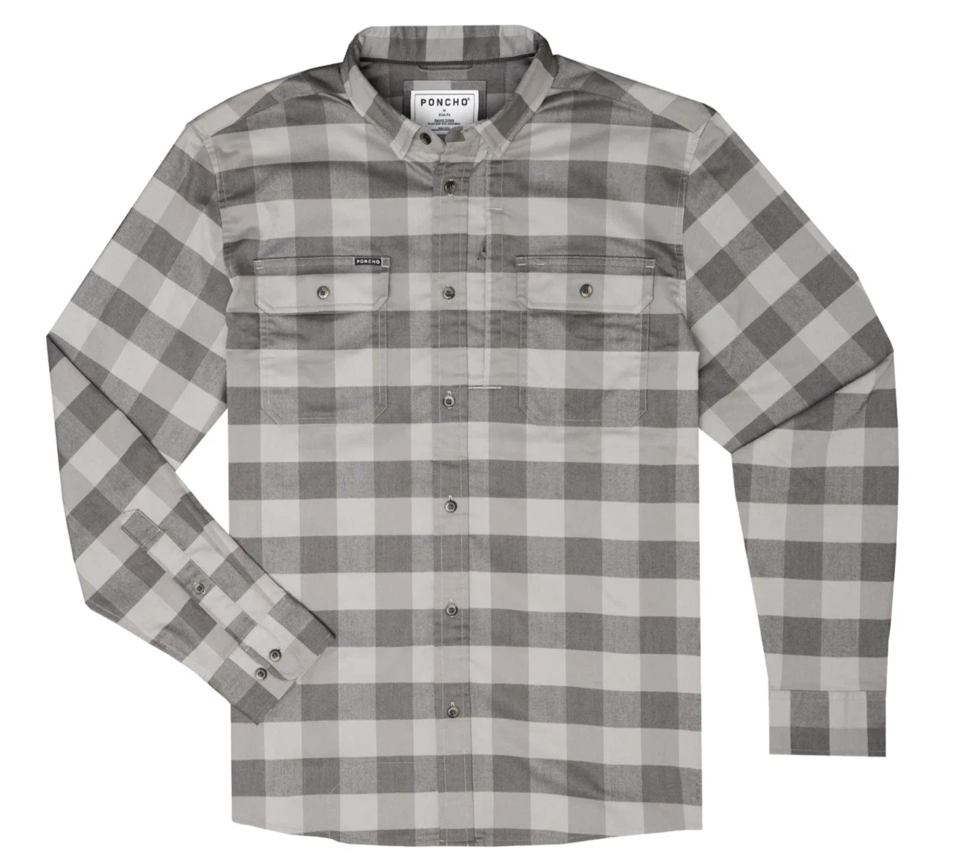🧡Poncho Men's Size L Grey Plaid Flannel Shirt Magnetic Pockets Outdoor Fishing