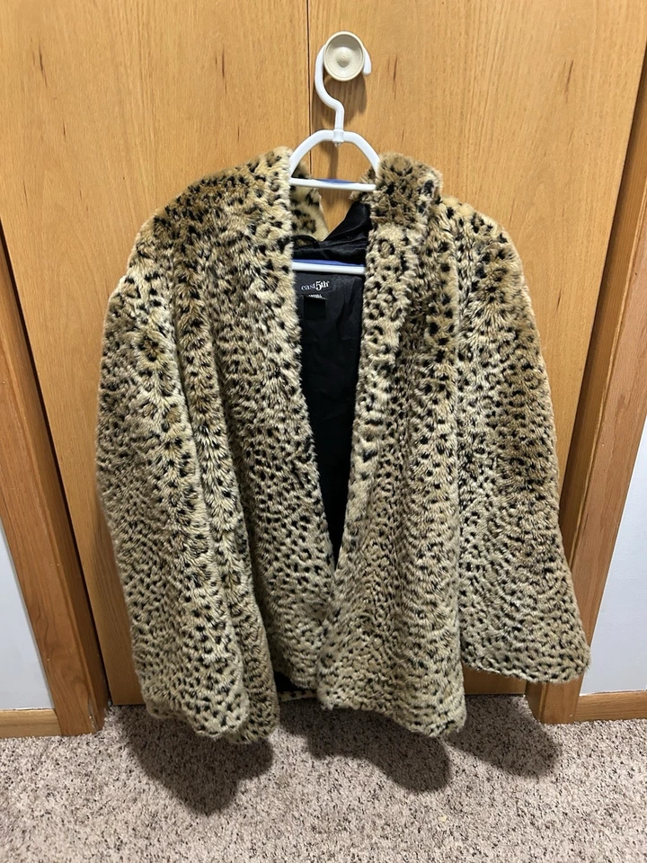Винтажный East 5 женщин большой леопард печать искусственного меха пальто с капюшоном - Изображение 2 из 3