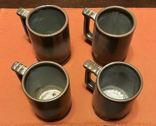 Vintage Frankoma Pottery Plainsman Woodland Moss Set Of 4 C1 Footed Coffee Mugs